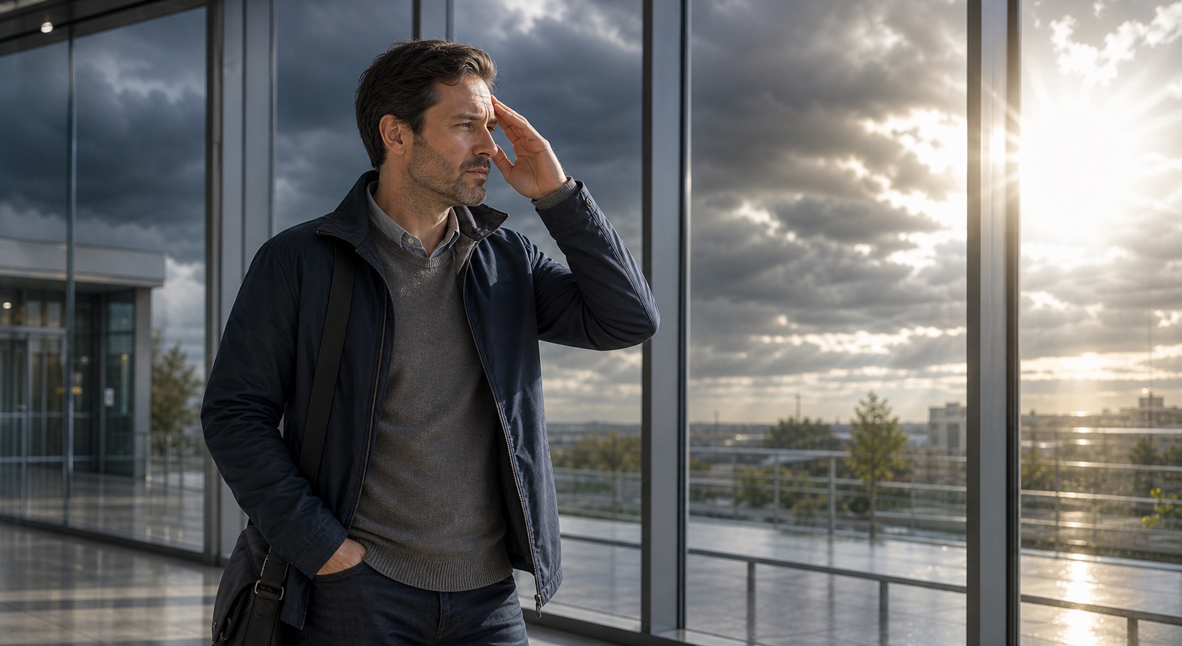 Man shading his eyes near glass during rapidly changing weather