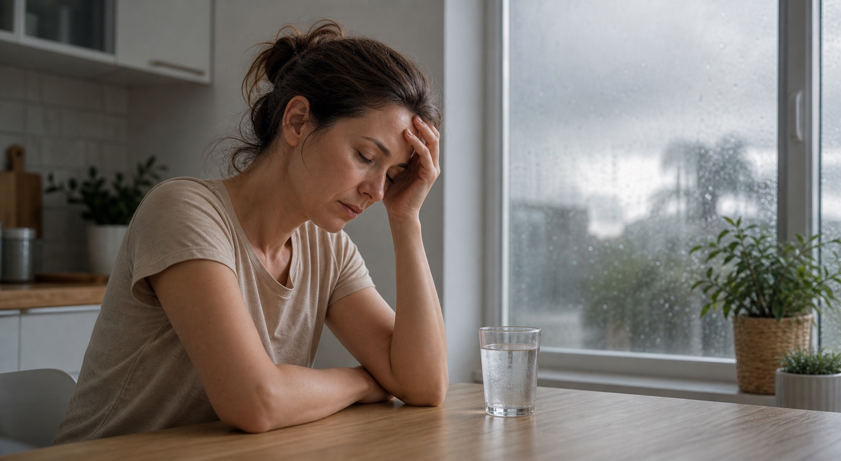 Tired person sitting at a table on a humid overcast morning