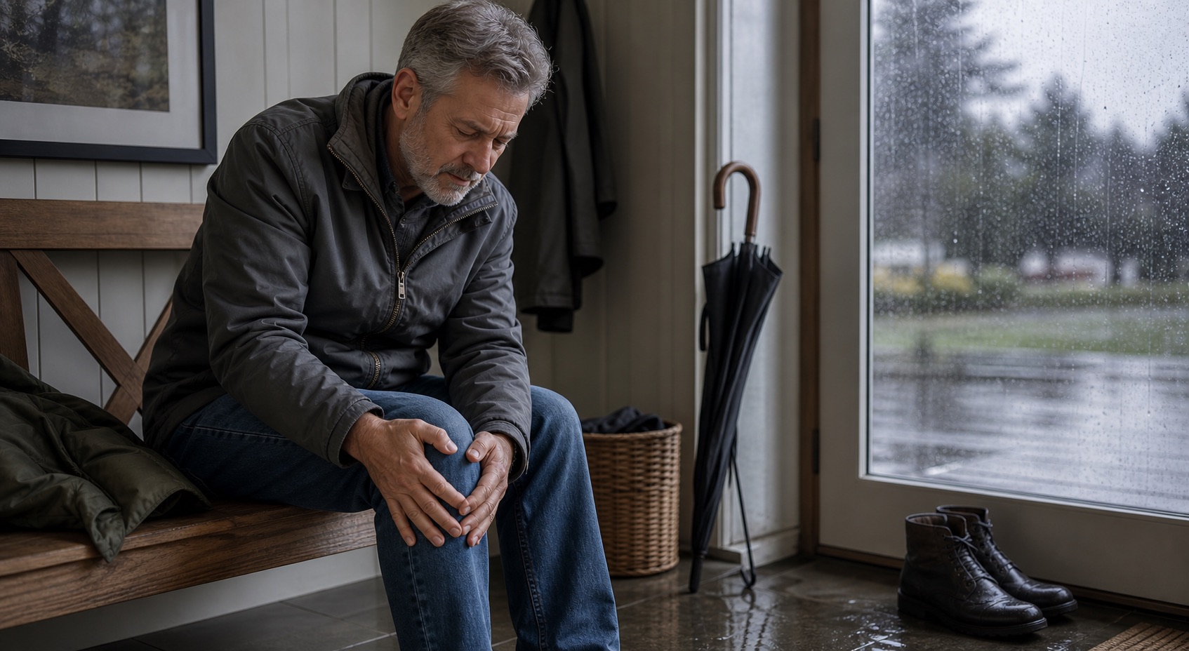 Man over 50 holding his knee during damp rainy weather