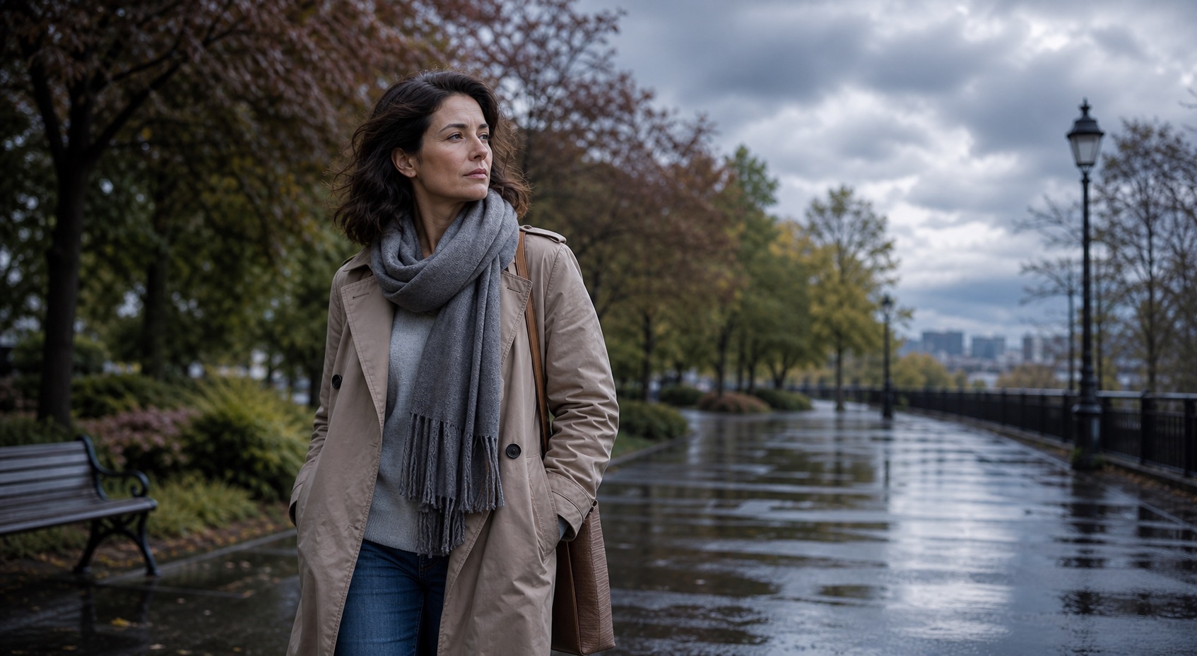 Person walking on a wet path after rain on a cloudy day